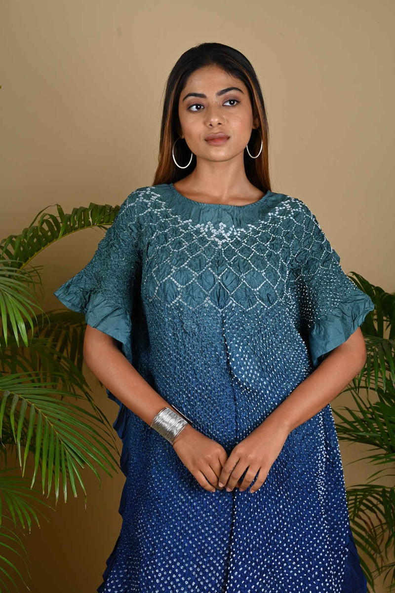 SUNFLOWER KAFTAN-GREY TO INDIGO BLUE SHADED silk by Dyelogue in multi color for women in Singapore