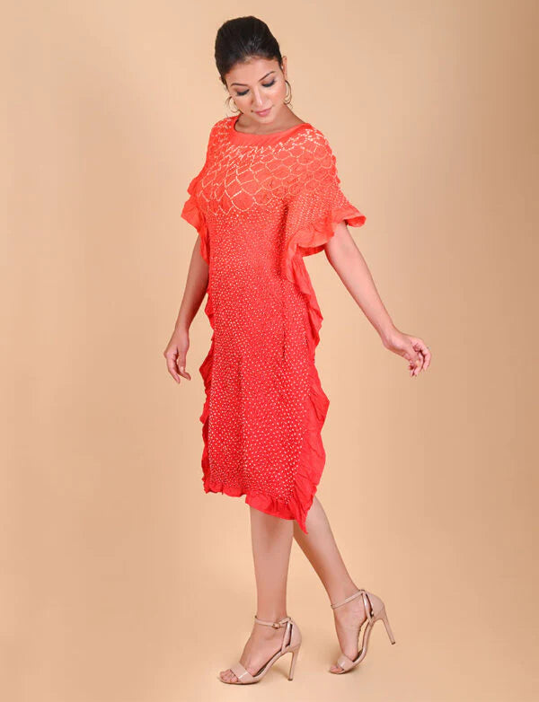 SUNFLOWER KAFTAN-ORANGE RED SHADED silk by Dyelogue in multi color for women in Singapore