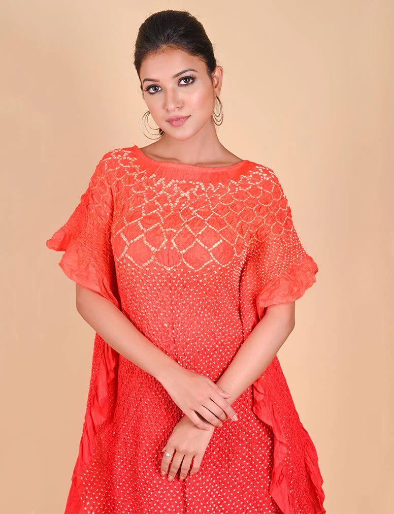 SUNFLOWER KAFTAN-ORANGE RED SHADED silk by Dyelogue in multi color for women in Singapore