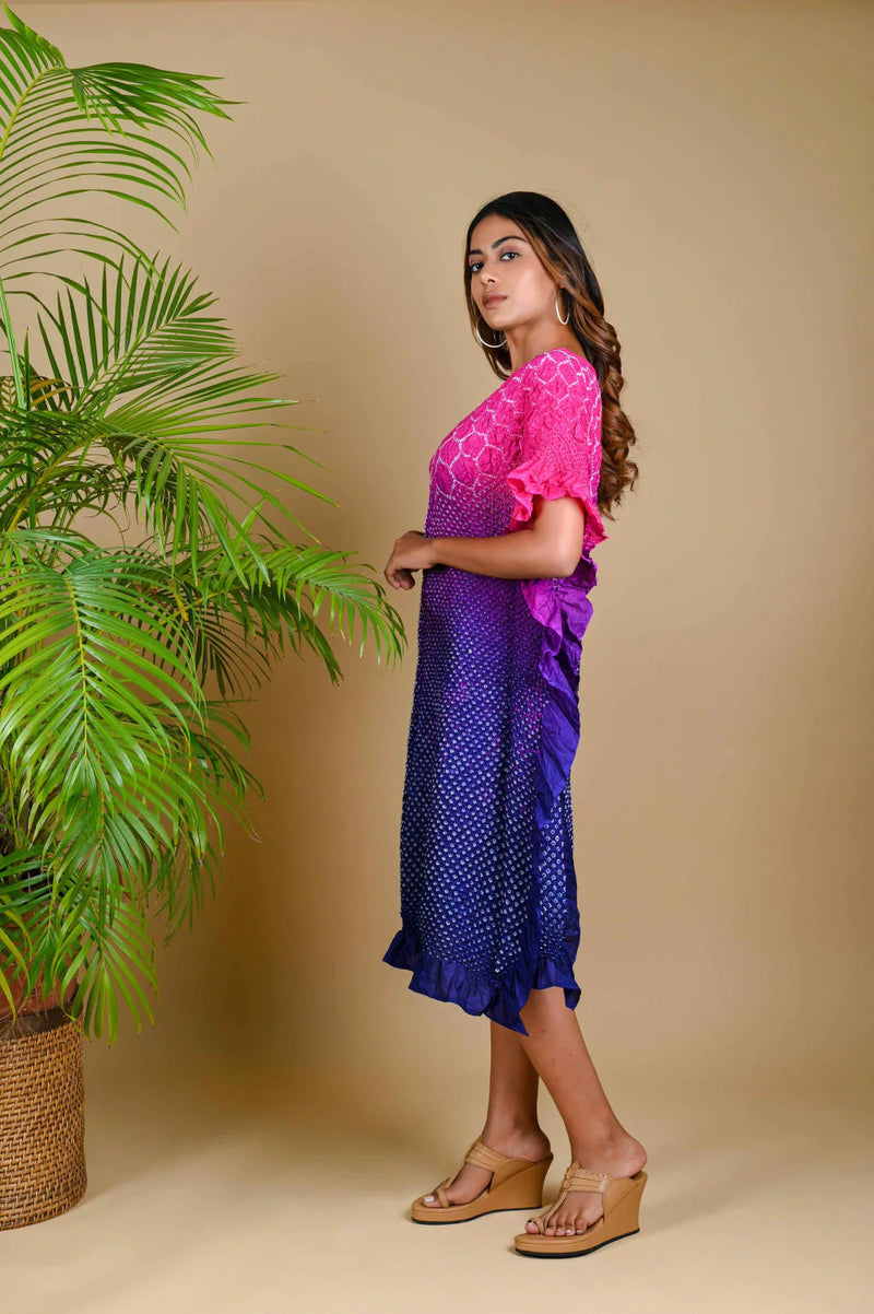 SUNFLOWER KAFTAN-PINK PURPLE SHADED silk by Dyelogue in multi color for women in Singapore