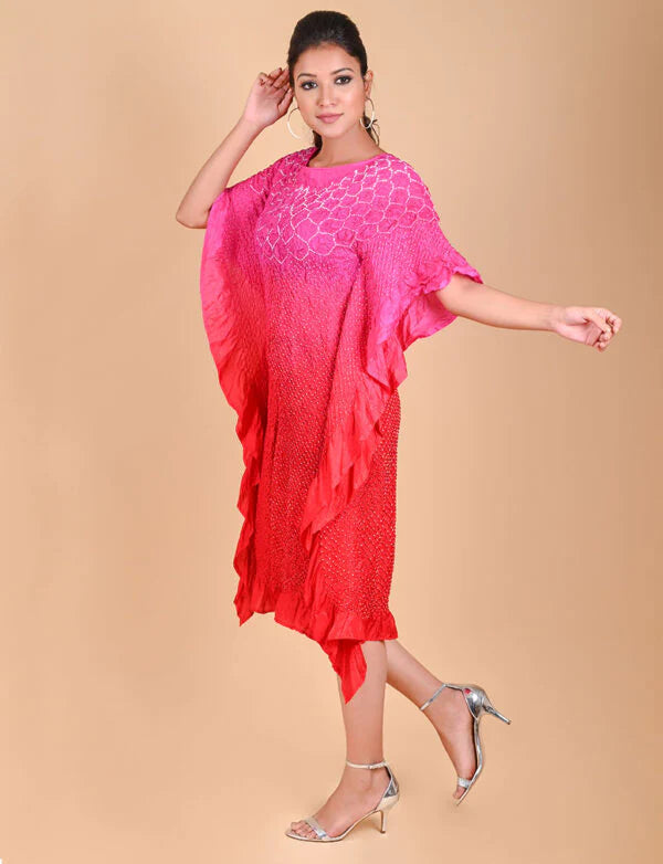 SUNFLOWER KAFTAN-PINK RED SHADED silk by Dyelogue in multi color for women in Singapore