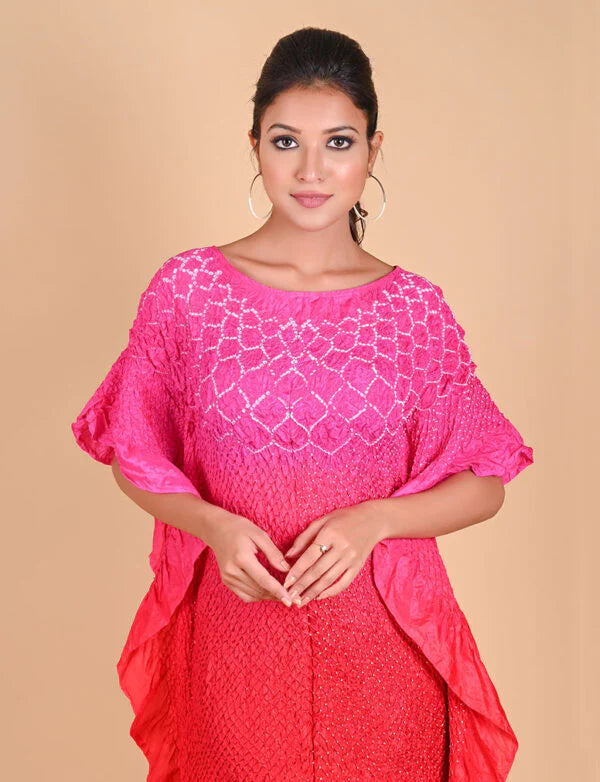 SUNFLOWER KAFTAN-PINK RED SHADED silk by Dyelogue in multi color for women in Singapore