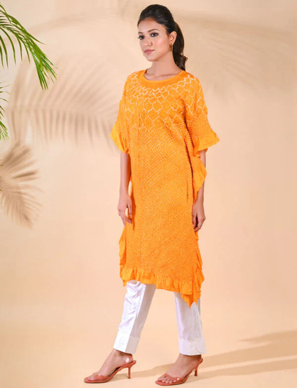SUNFLOWER KAFTAN-MUSTARD YELLOW silk by Dyelogue in yellow color for women in Singapore