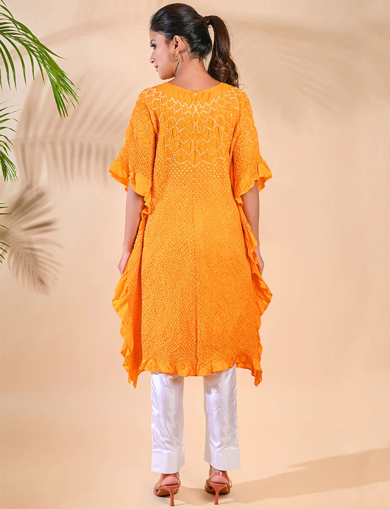 SUNFLOWER KAFTAN-MUSTARD YELLOW silk by Dyelogue in yellow color for women in Singapore