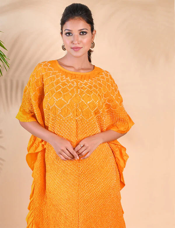 SUNFLOWER KAFTAN-MUSTARD YELLOW silk by Dyelogue in yellow color for women in Singapore