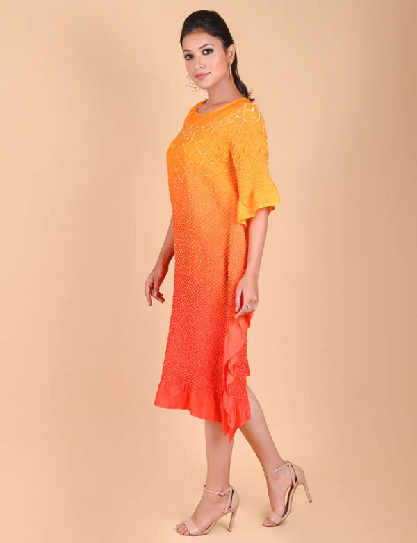 SUNFLOWER KAFTAN-YELLOW ORANGE SHADED silk by Dyelogue in multi color for women in Singapore
