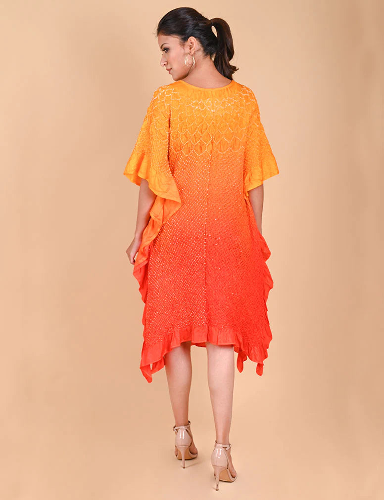 SUNFLOWER KAFTAN-YELLOW ORANGE SHADED silk by Dyelogue in multi color for women in Singapore