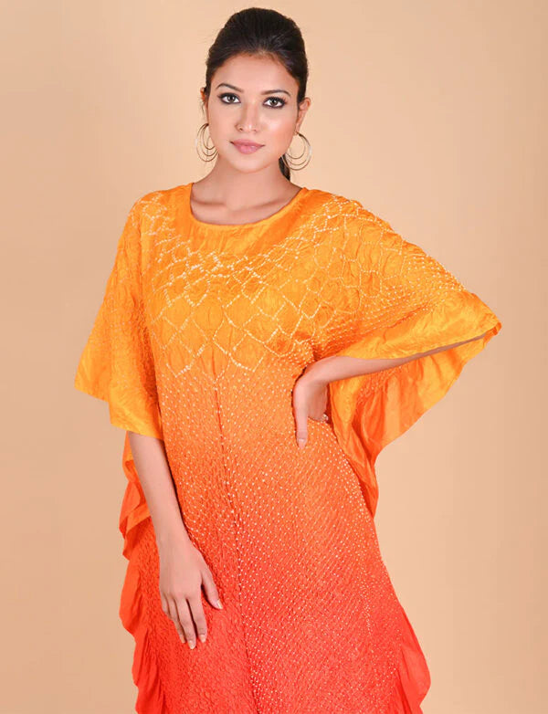 SUNFLOWER KAFTAN-YELLOW ORANGE SHADED silk by Dyelogue in multi color for women in Singapore