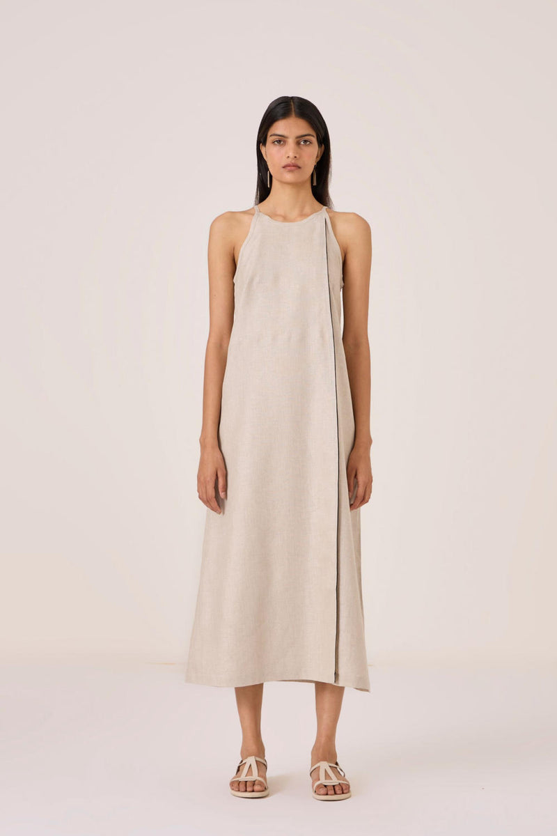 Supun Biege Linen Panelled Dress linen by The Summer House in beige color for women in Singapore