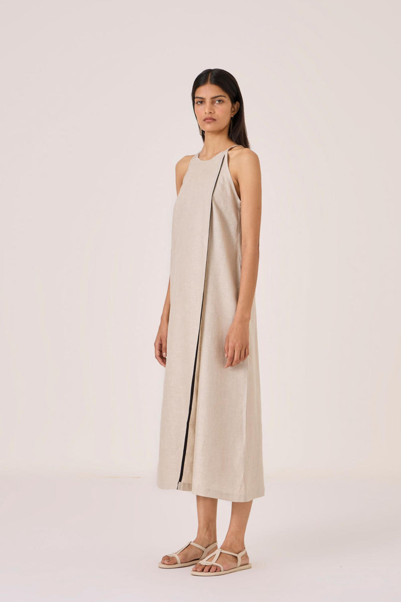Supun Biege Linen Panelled Dress linen by The Summer House in beige color for women in Singapore