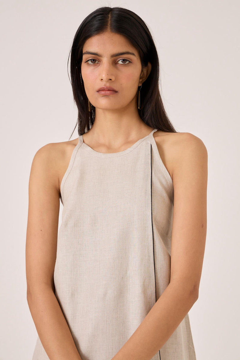 Supun Biege Linen Panelled Dress linen by The Summer House in beige color for women in Singapore