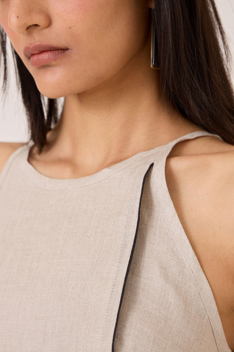 Supun Biege Linen Panelled Dress linen by The Summer House in beige color for women in Singapore