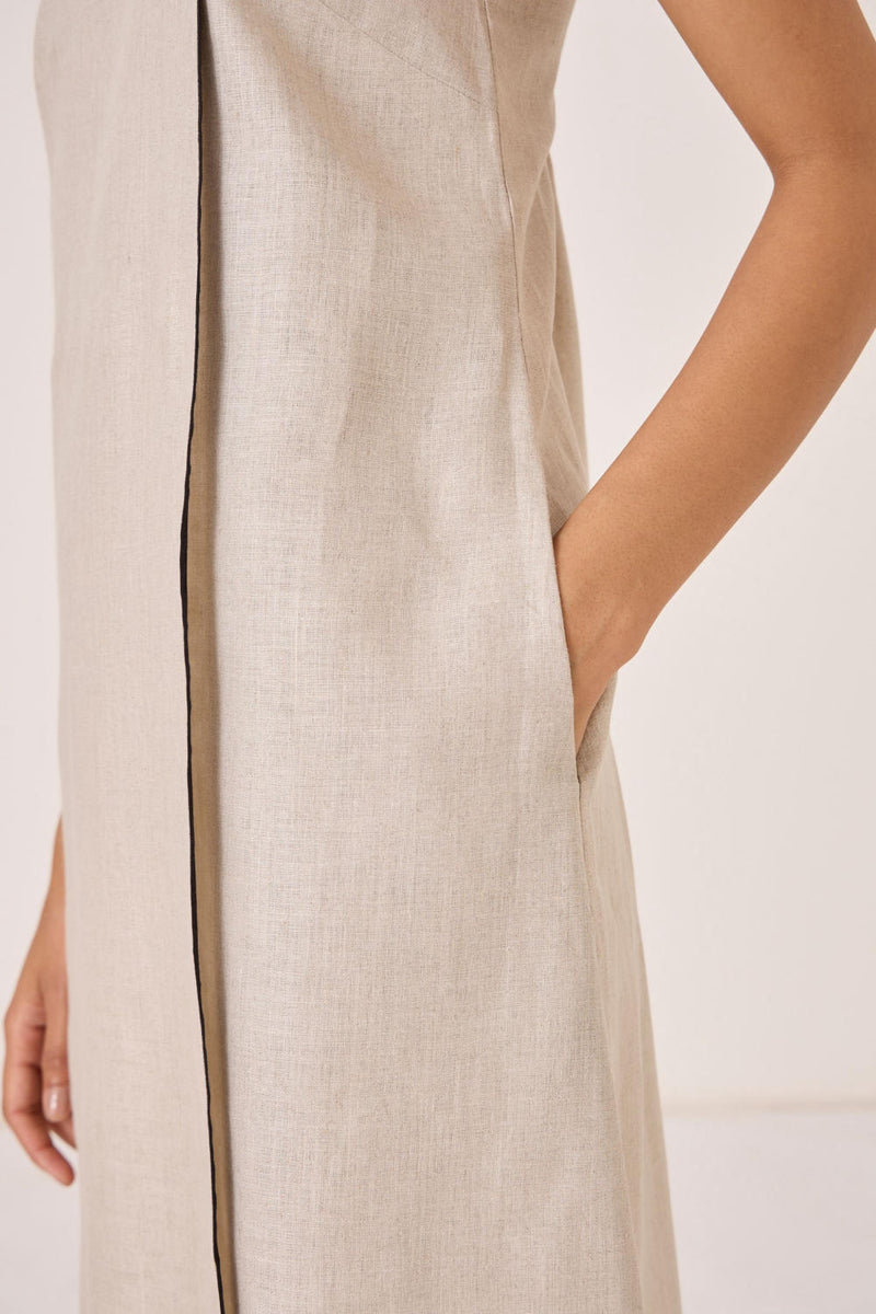 Supun Biege Linen Panelled Dress linen by The Summer House in beige color for women in Singapore