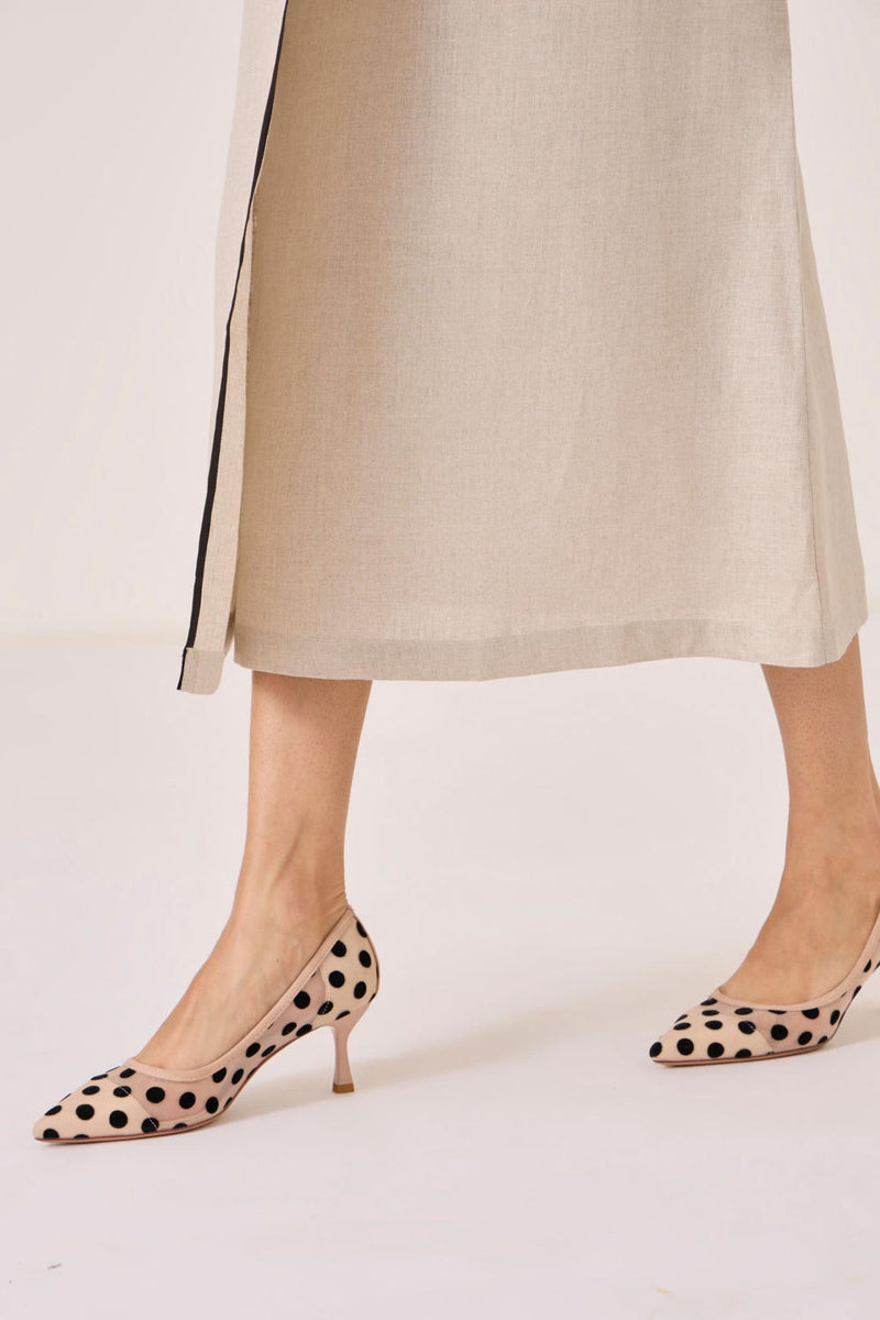 Supun Biege Linen Panelled Dress linen by The Summer House in beige color for women in Singapore