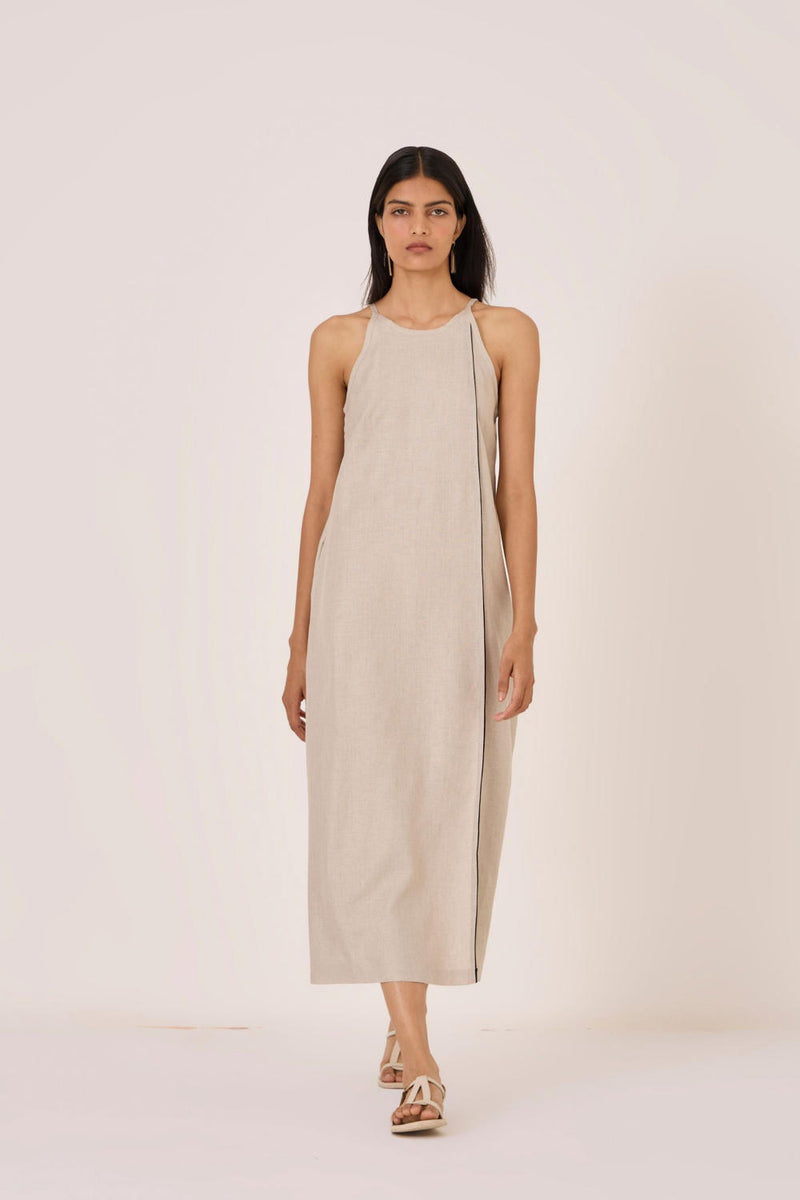 Supun Biege Linen Panelled Dress linen by The Summer House in beige color for women in Singapore