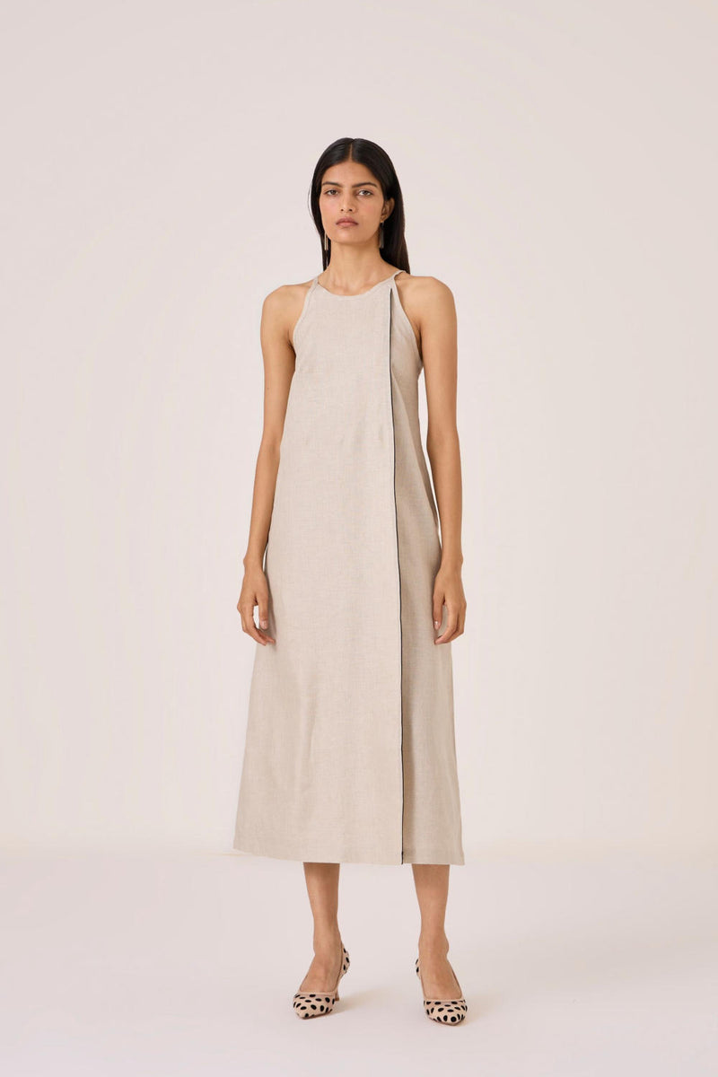 Supun Biege Linen Panelled Dress linen by The Summer House in beige color for women in Singapore