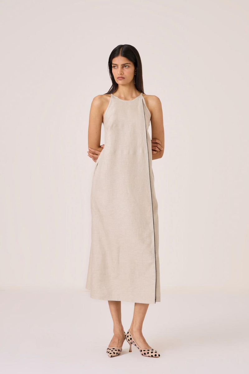 Supun Biege Linen Panelled Dress linen by The Summer House in beige color for women in Singapore