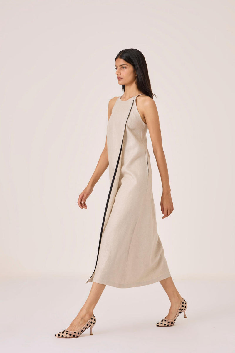 Supun Biege Linen Panelled Dress linen by The Summer House in beige color for women in Singapore