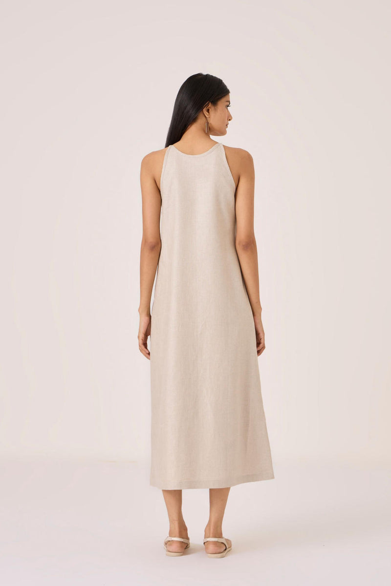 Supun Biege Linen Panelled Dress linen by The Summer House in beige color for women in Singapore
