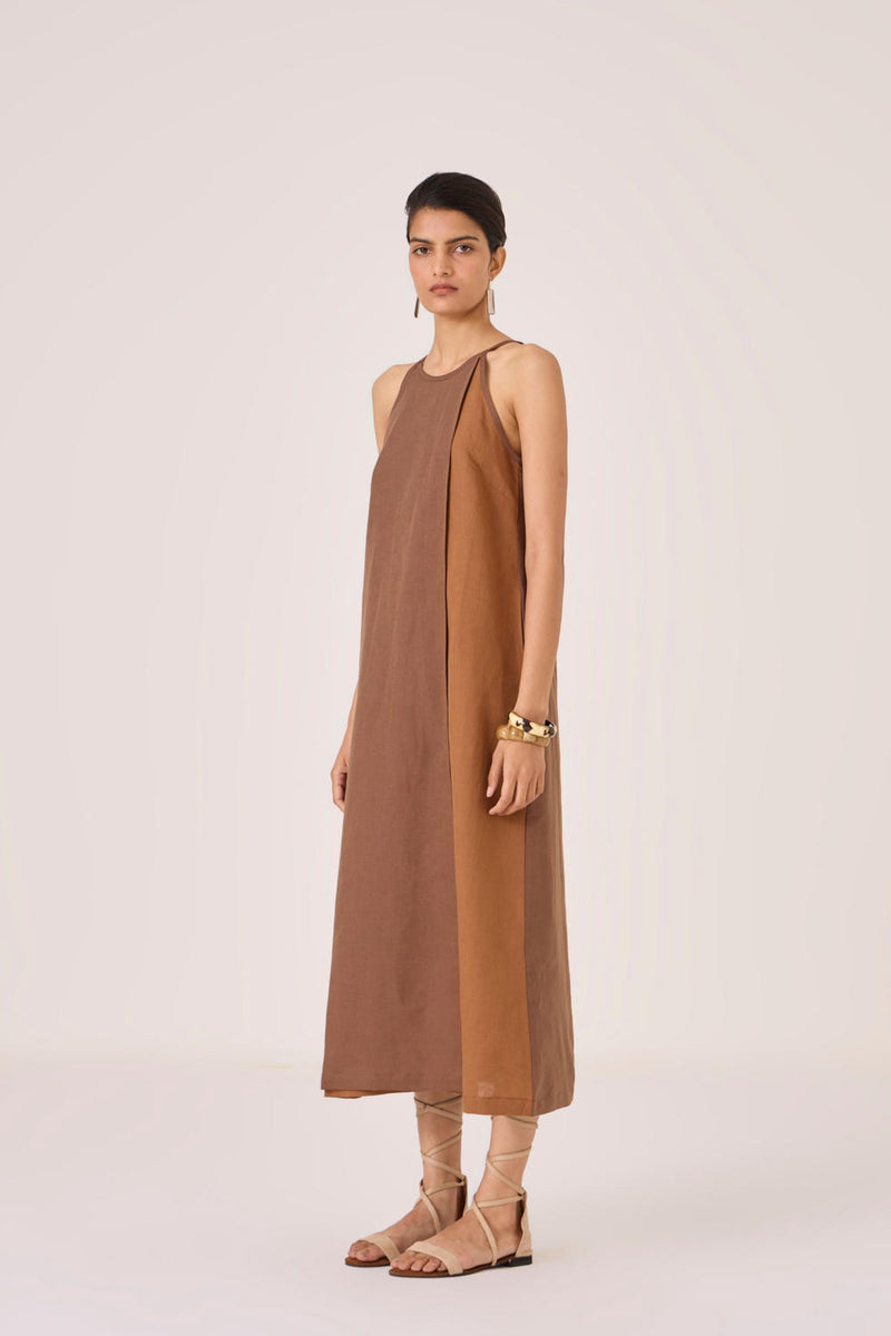 Supun Brown Panelled Dress cotton by The Summer House in brown color for women in Singapore