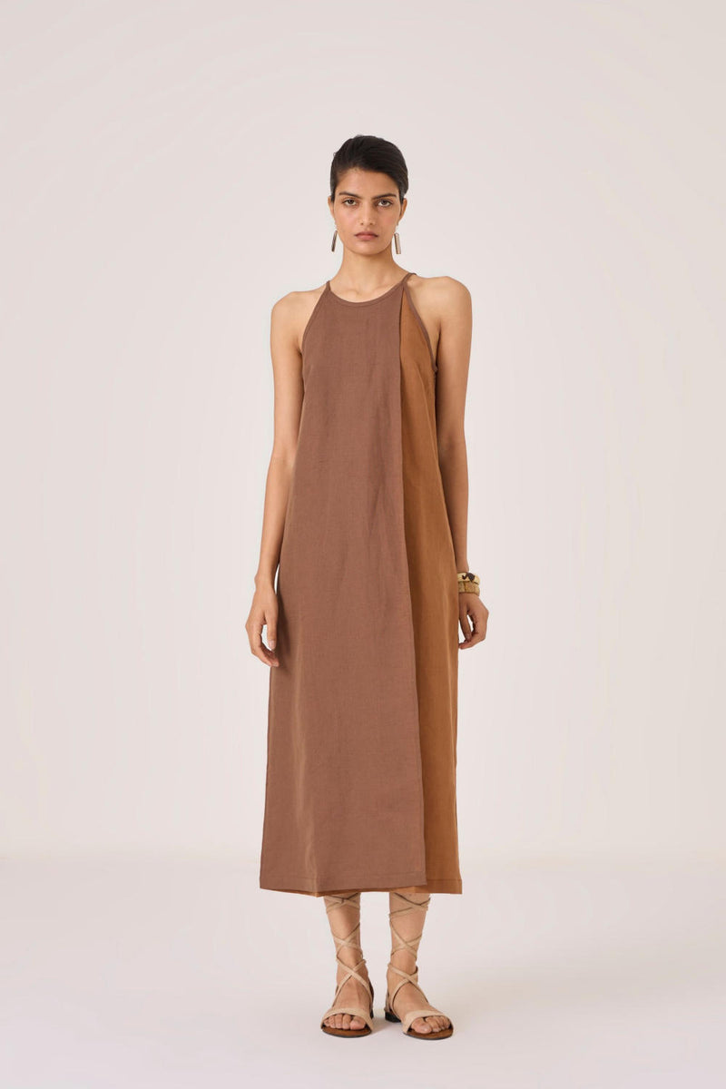 Supun Brown Panelled Dress cotton by The Summer House in brown color for women in Singapore