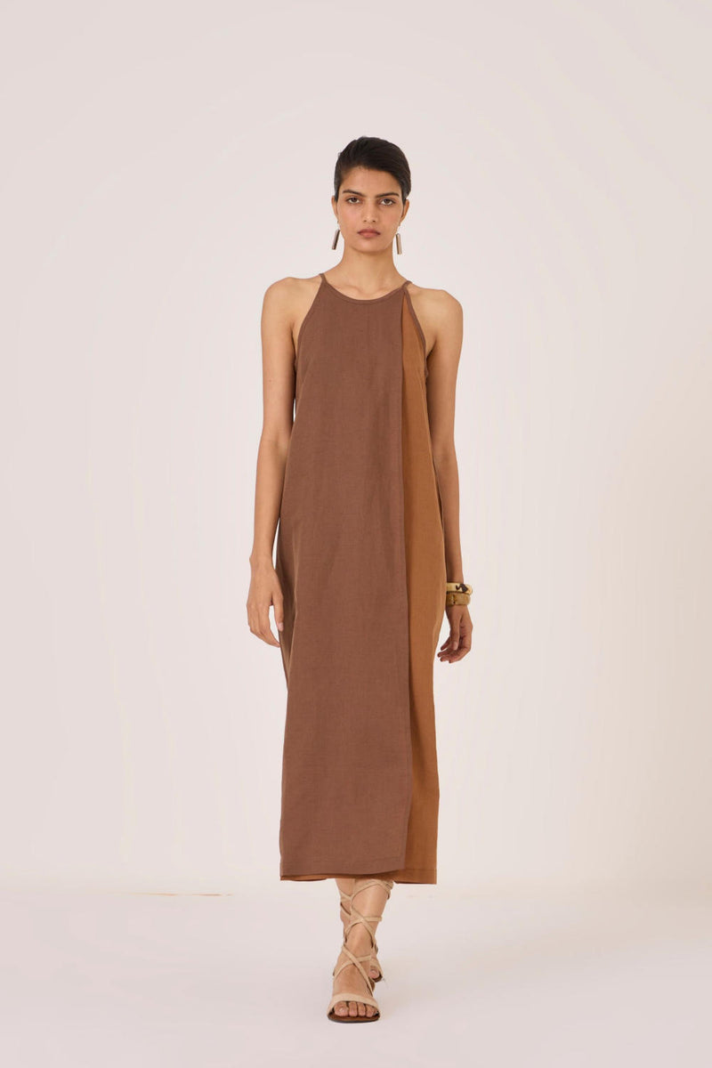 Supun Brown Panelled Dress cotton by The Summer House in brown color for women in Singapore