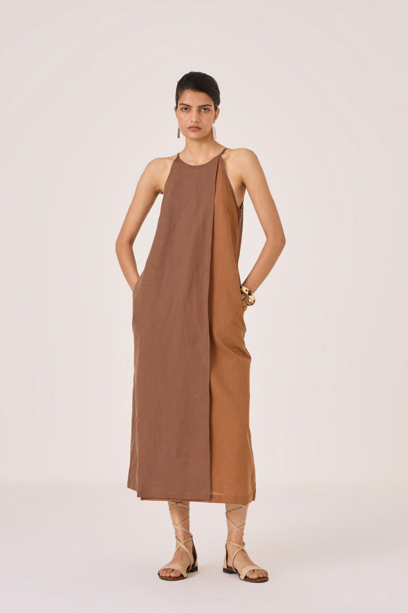 Supun Brown Panelled Dress cotton by The Summer House in brown color for women in Singapore