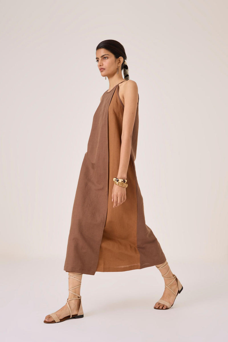 Supun Brown Panelled Dress cotton by The Summer House in brown color for women in Singapore