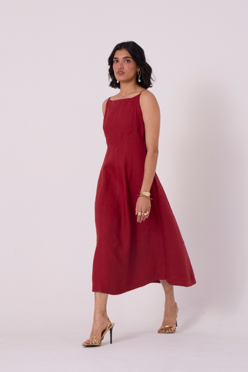 Suzie Red Linen Dress all linen by The Summer House in red color for women in Singapore