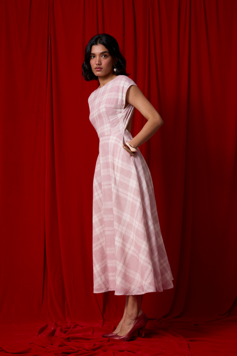 Svetla Red Checkered Handwoven Dress cotton by The Summer House in white color for women in Singapore