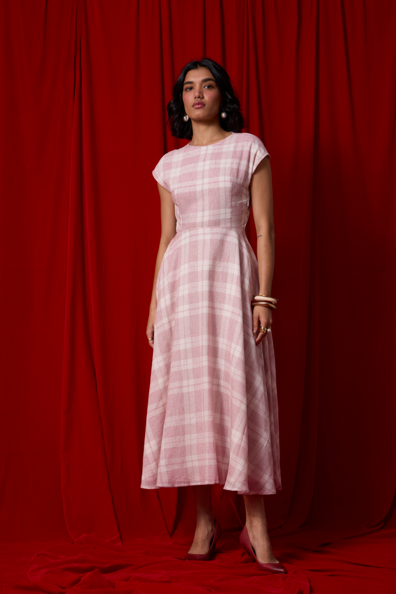 Svetla Red Checkered Handwoven Dress cotton by The Summer House in white color for women in Singapore