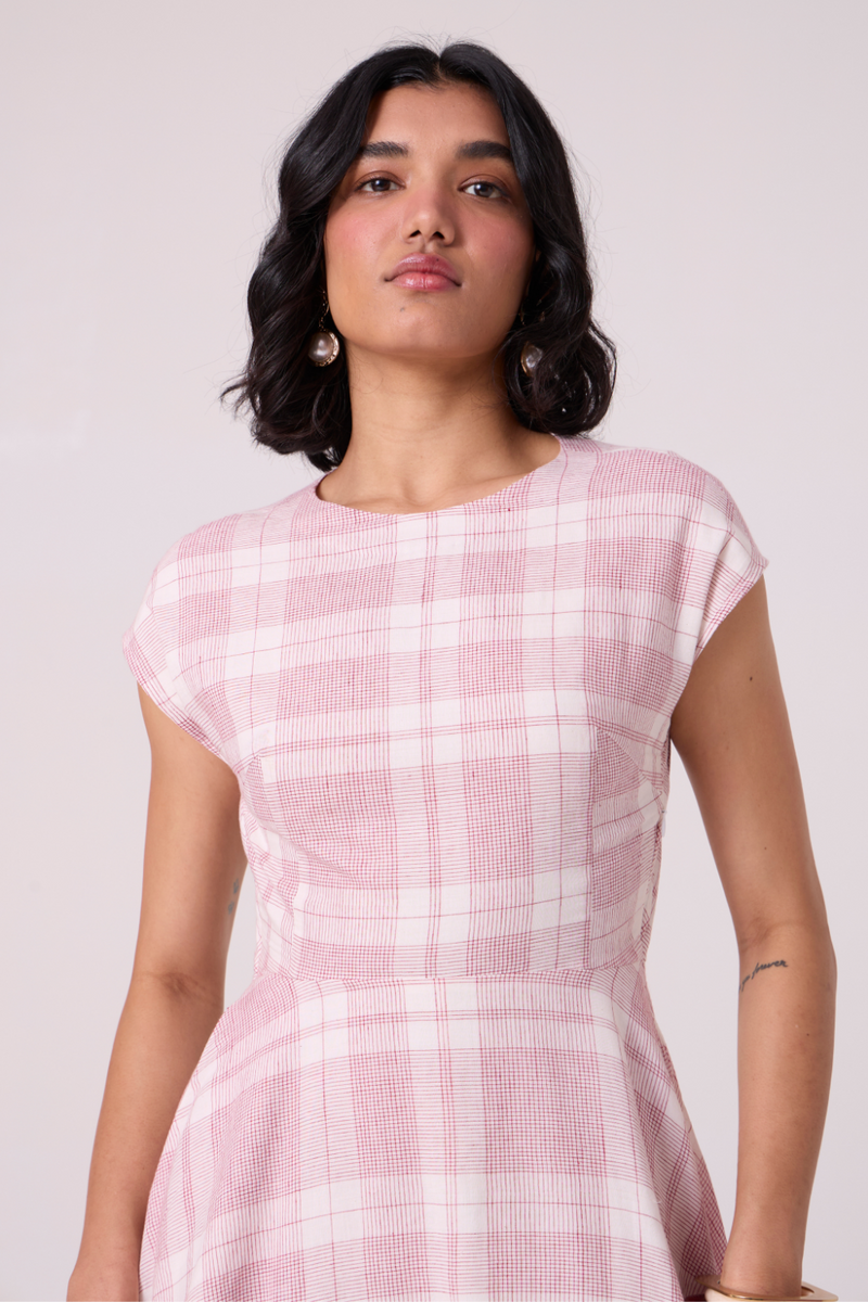Svetla Red Checkered Handwoven Dress cotton by The Summer House in white color for women in Singapore