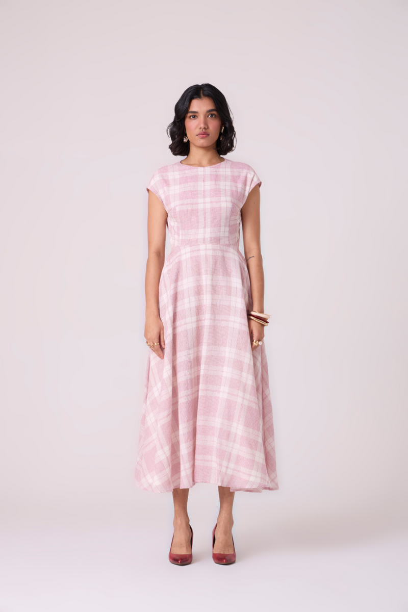 Svetla Red Checkered Handwoven Dress cotton by The Summer House in white color for women in Singapore