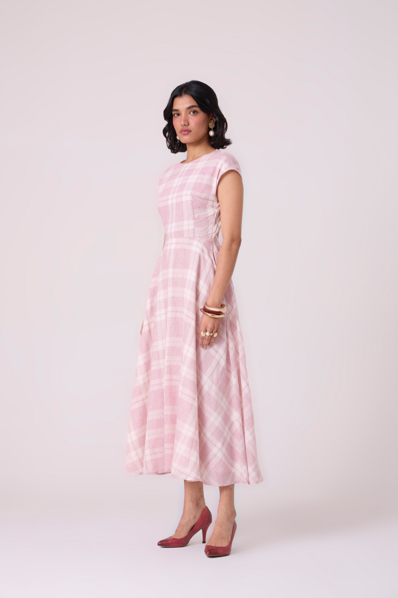 Svetla Red Checkered Handwoven Dress cotton by The Summer House in white color for women in Singapore