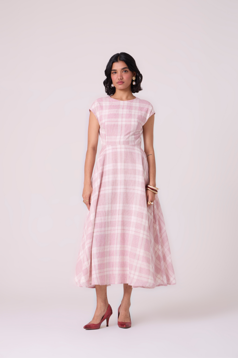 Svetla Red Checkered Handwoven Dress cotton by The Summer House in white color for women in Singapore