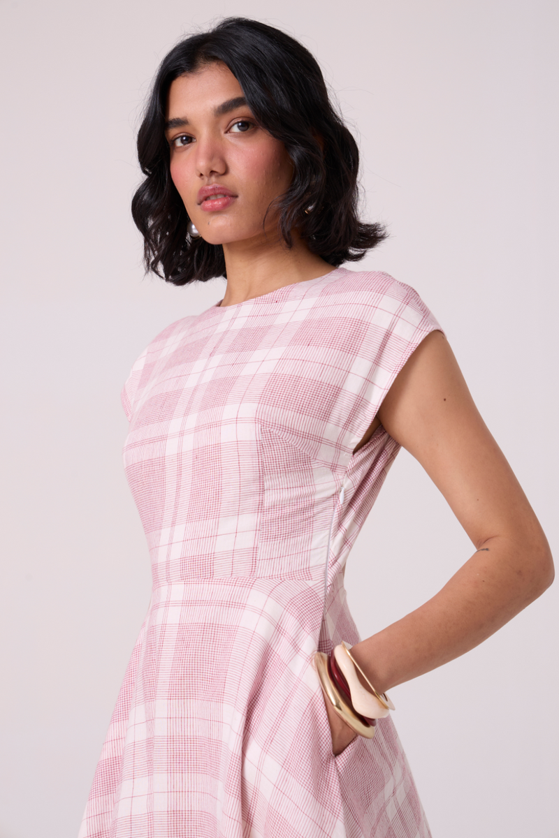 Svetla Red Checkered Handwoven Dress cotton by The Summer House in white color for women in Singapore