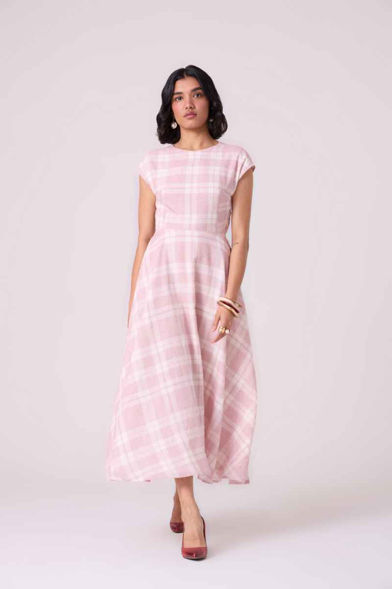 Svetla Red Checkered Handwoven Dress cotton by The Summer House in white color for women in Singapore