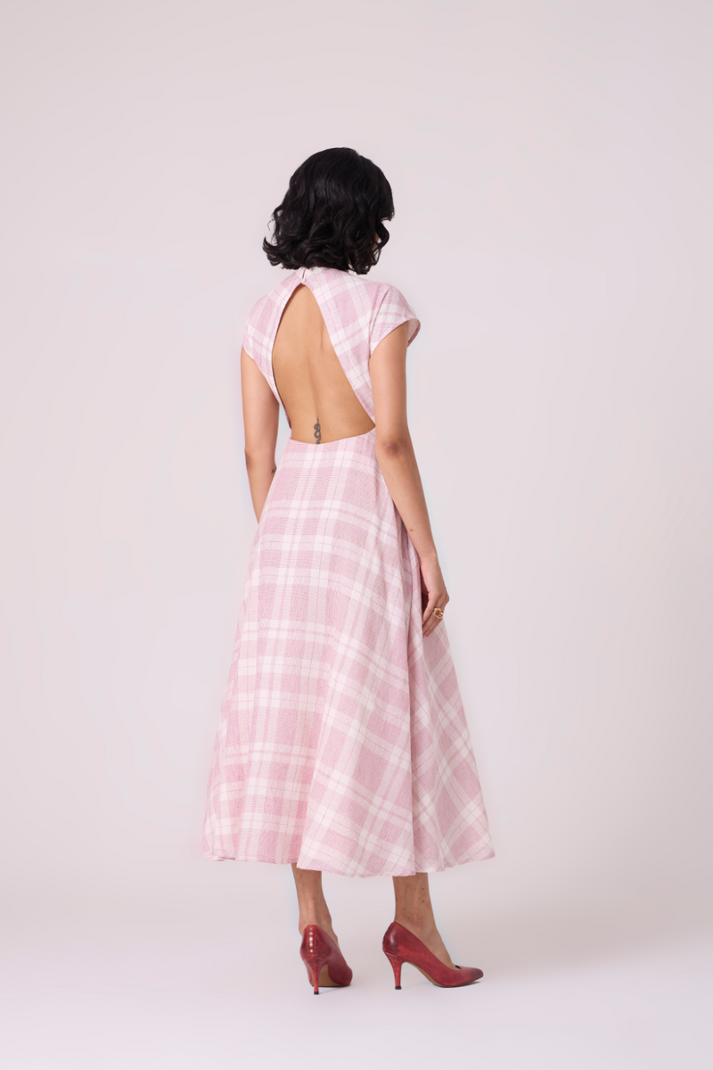 Svetla Red Checkered Handwoven Dress cotton by The Summer House in white color for women in Singapore