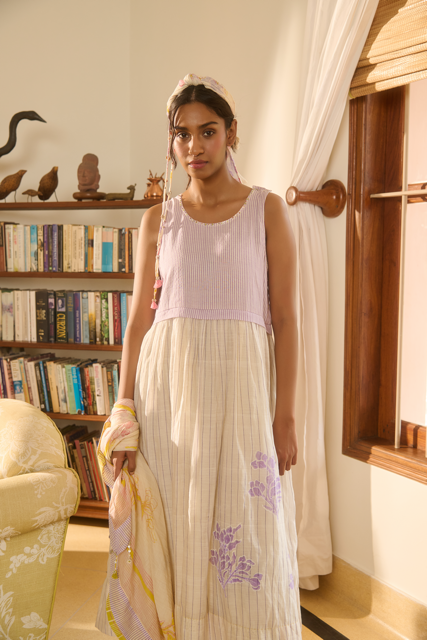JANIE DRESS-IVORY & PURPLE cotton by SWATTI KAPOOR in multi color for women in Singapore