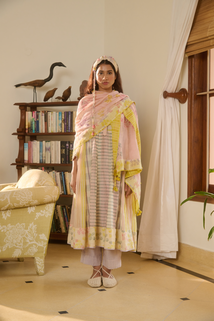 TESS STOLE-PINK WITH IVORY BORDER chanderi by SWATTI KAPOOR in multi color for women in Singapore