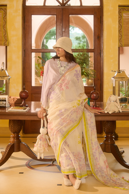 HAILEE SARI-IVORY chanderi by SWATTI KAPOOR in ivory color for women in Singapore