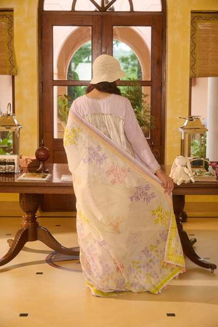 MARY TOP-IVORY & PURPLE cotton by SWATTI KAPOOR in multi color for women in Singapore