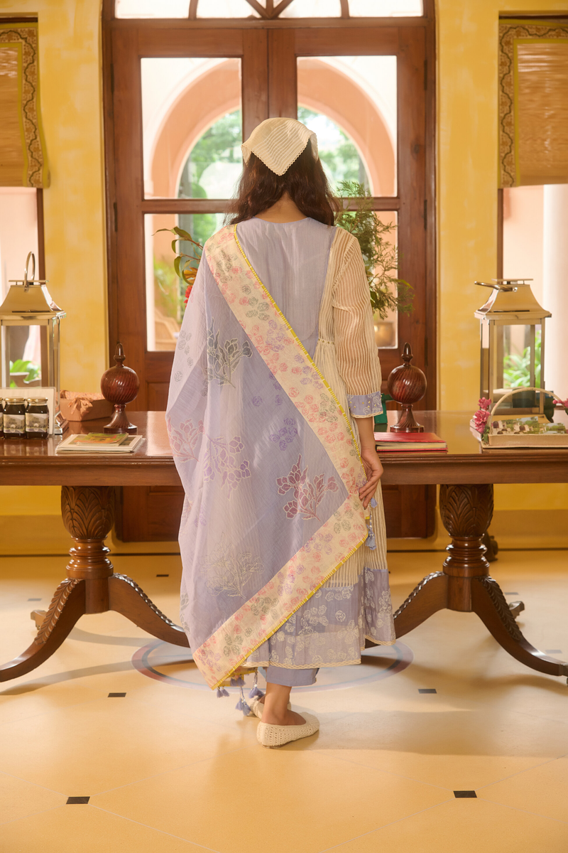 EDNA DRESS-BLUE & IVORY chanderi by SWATTI KAPOOR in multi color for women in Singapore
