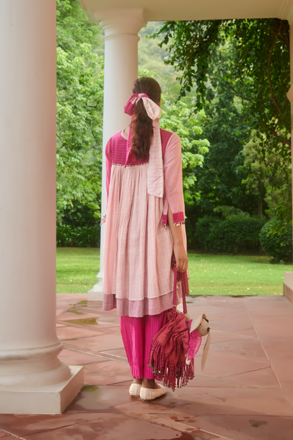 NORA DRESS-PINK & IVORY silk by SWATTI KAPOOR in multi color for women in Singapore