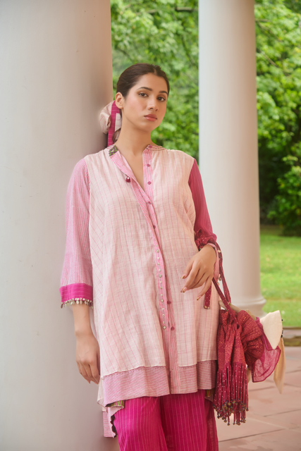 NORA DRESS-PINK & IVORY silk by SWATTI KAPOOR in multi color for women in Singapore