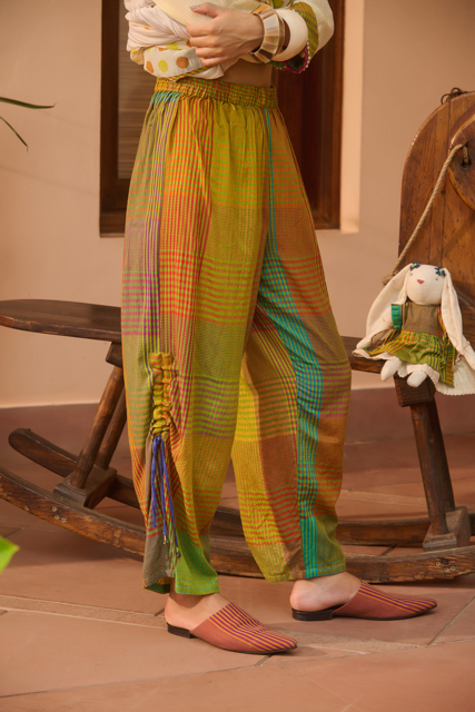 TEX PANT-MULTICOLOR GREEN CHECK silk by SWATTI KAPOOR in multi color for women in Singapore