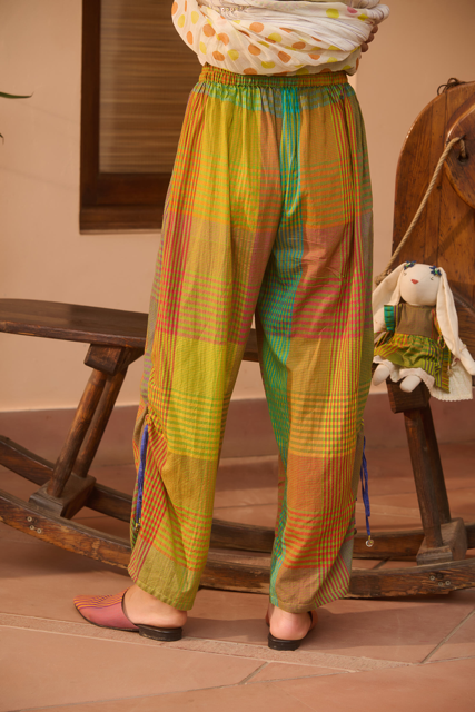 TEX PANT-MULTICOLOR GREEN CHECK silk by SWATTI KAPOOR in multi color for women in Singapore