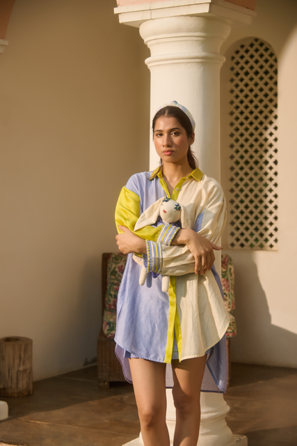 JOAN SHIRT-IVORY,YELLOW & BLUE chanderi by SWATTI KAPOOR in multi color for women in Singapore