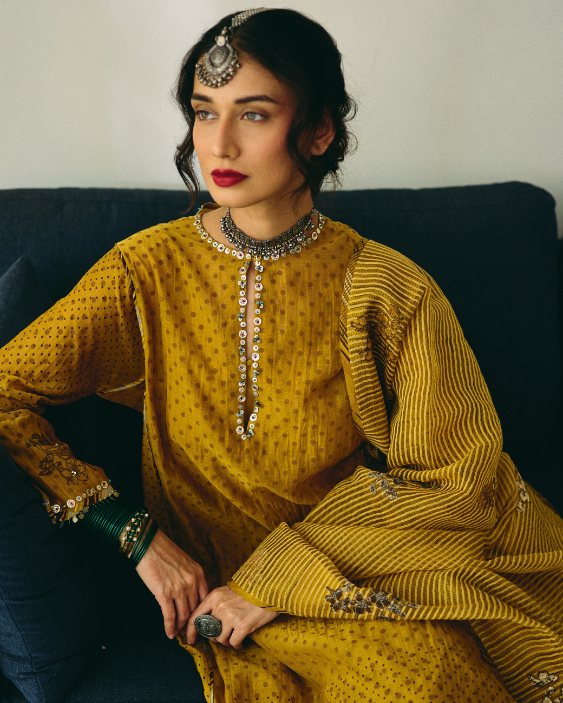 Kuhu Kurta chanderi kurta/kurta set by SWATTI KAPOOR in yellow for women in Singapore