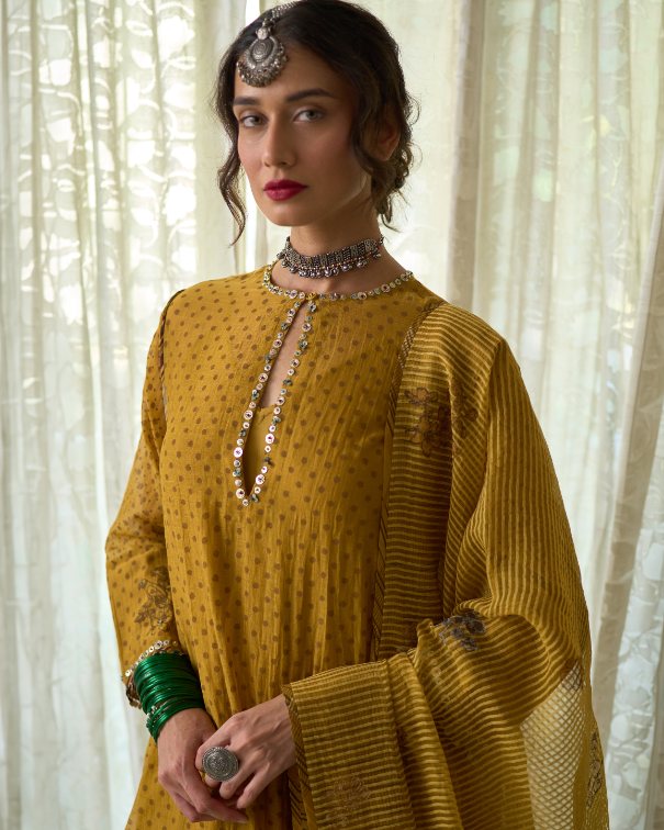 Kuhu Kurta chanderi kurta/kurta set by SWATTI KAPOOR in yellow for women in Singapore